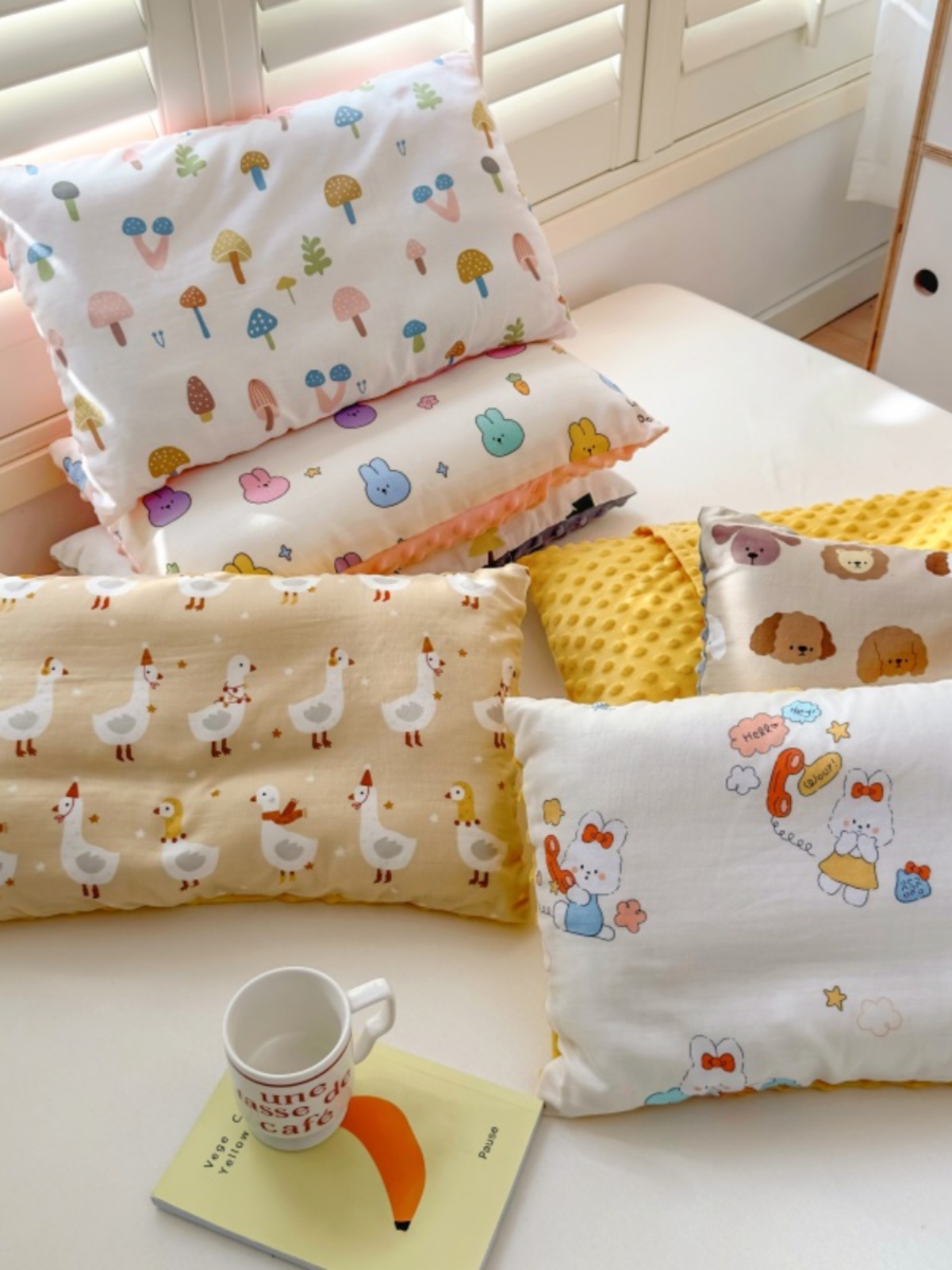 豆豆枕單隻裝可拆洗枕套雙層紗枕頭兒童午睡枕五彩兔兔