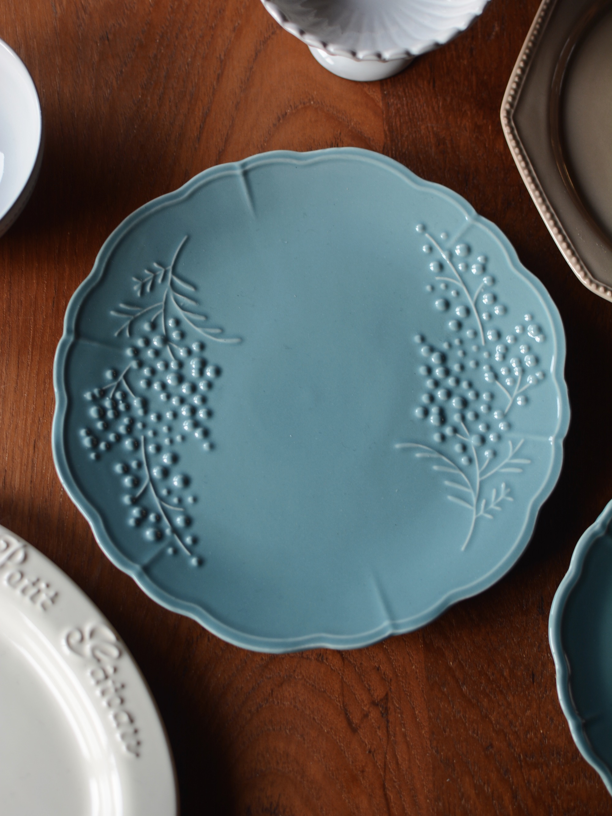 清新日式風格金合歡浮雕盤 甜點沙拉陶瓷盤 精緻餐具盤