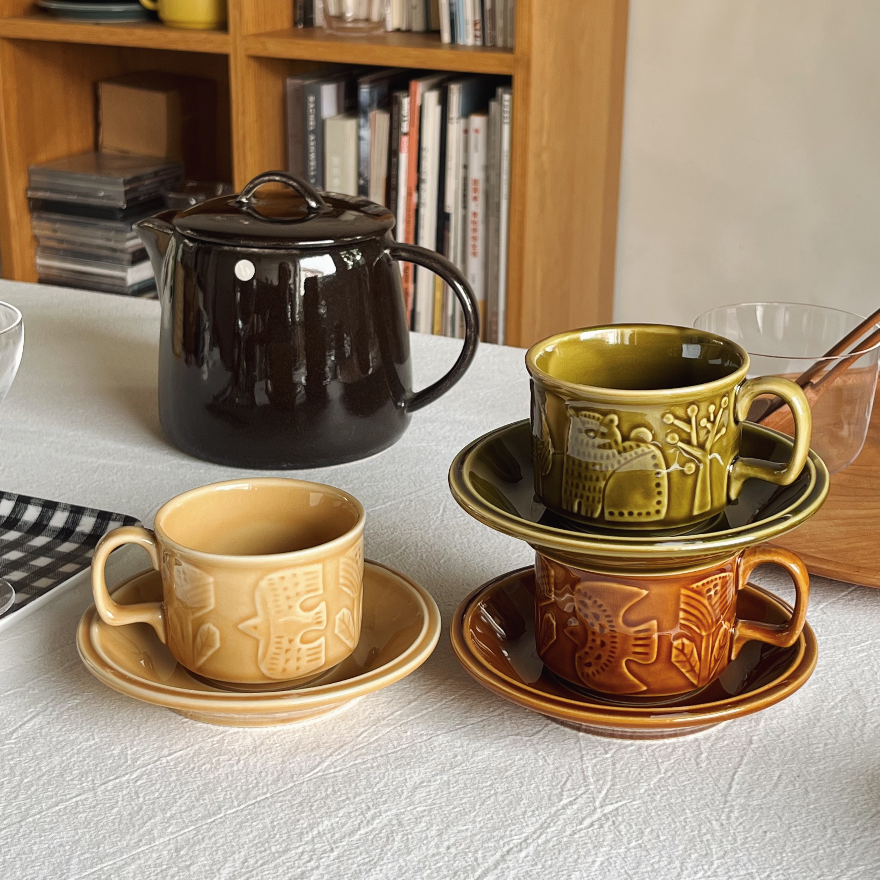 北歐風陶瓷咖啡杯碟組 貓熊鳥圖案 180毫升卡布奇諾杯