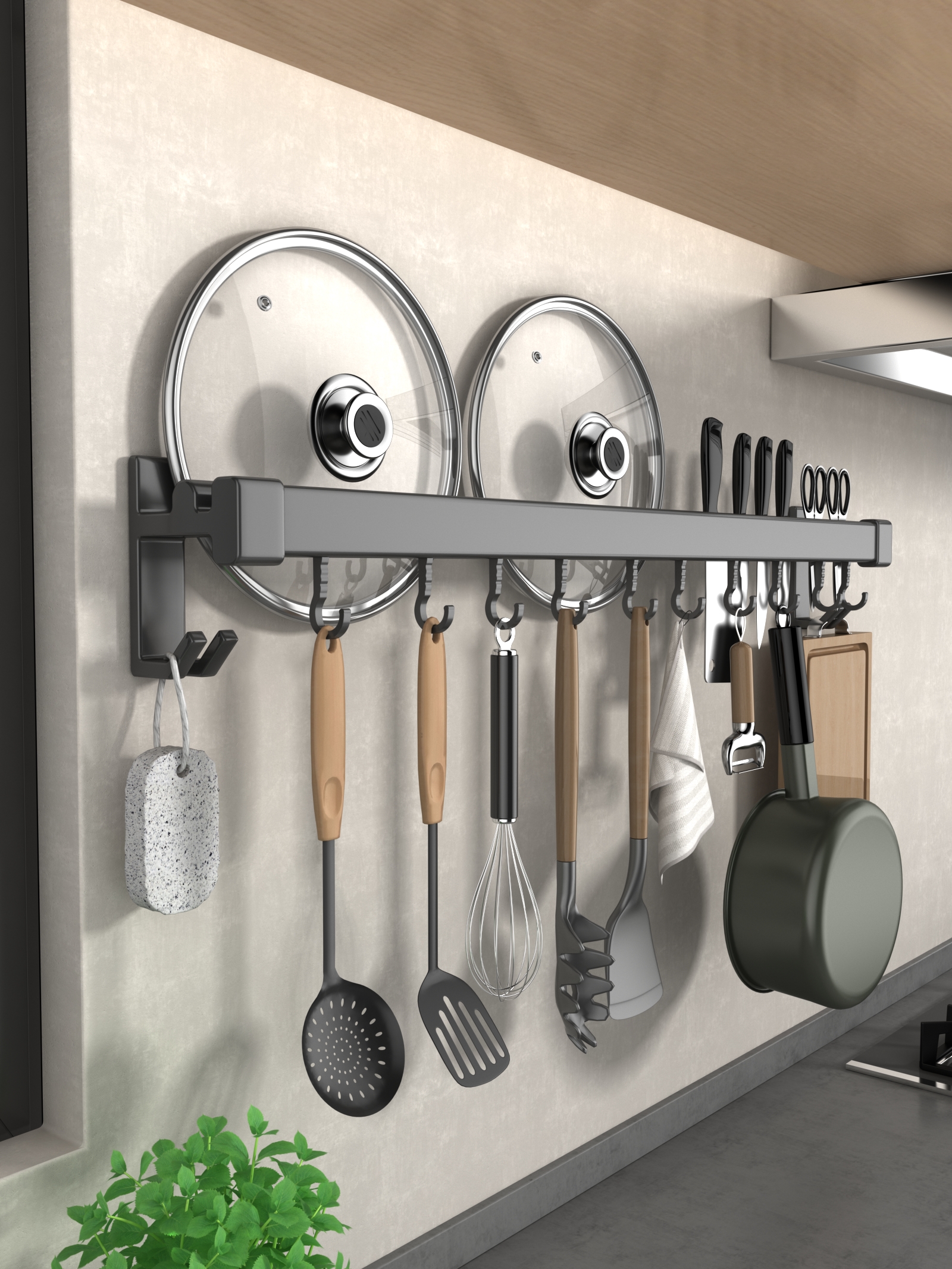 掛鉤收納廚房鍋蓋勺鏟置物架壁掛式免打孔多功能掛杆