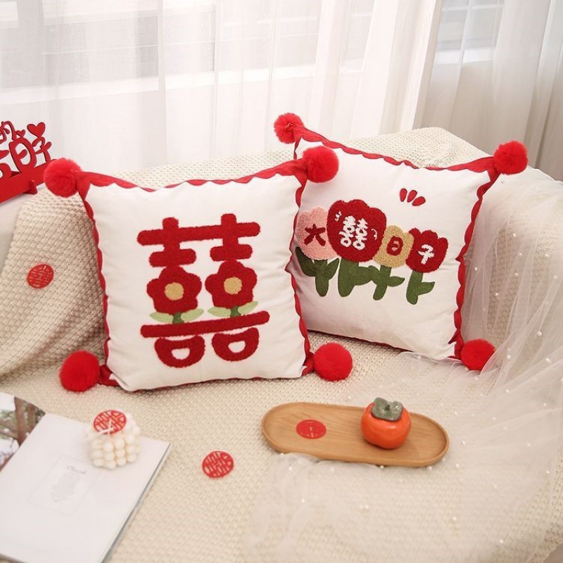 中式刺繡喜字抱枕情侶婚房沙發裝飾多種圖案款式任選