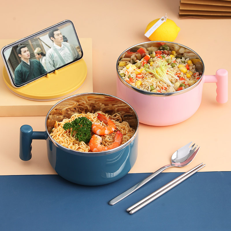 簡約風格 304不鏽鋼泡麵碗帶蓋 學生宿舍大號飯碗單個便當盒日式碗帶手柄