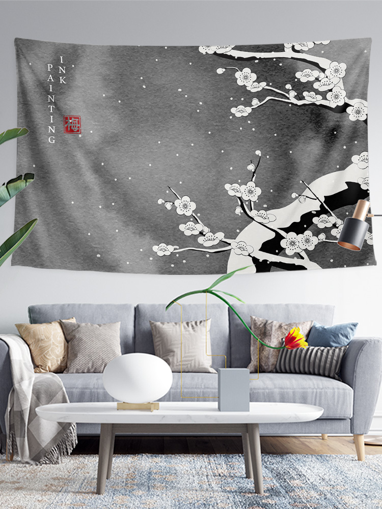中國風水墨水彩植物風水花朵插畫大氣裝飾背景布海報牆布掛布掛毯