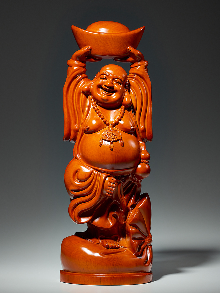 中式風格花梨木雕刻託元寶彌勒佛像擺件居家供奉保平安