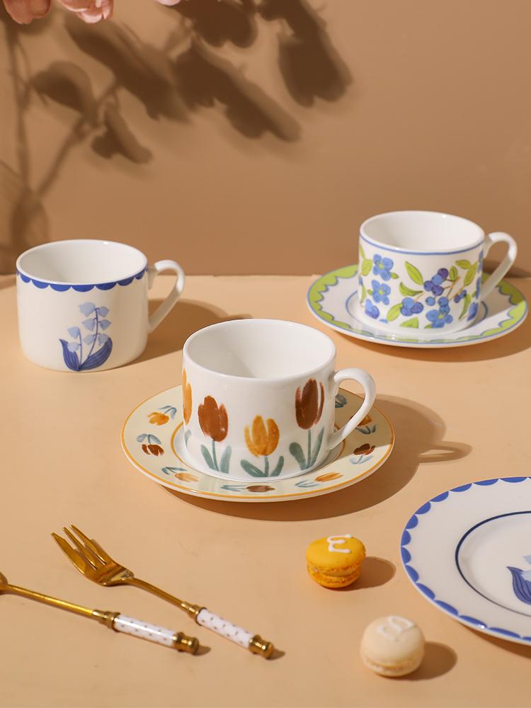 北歐風花朵馬克杯碟組 下午茶陶瓷咖啡杯碟套裝簡約小清新
