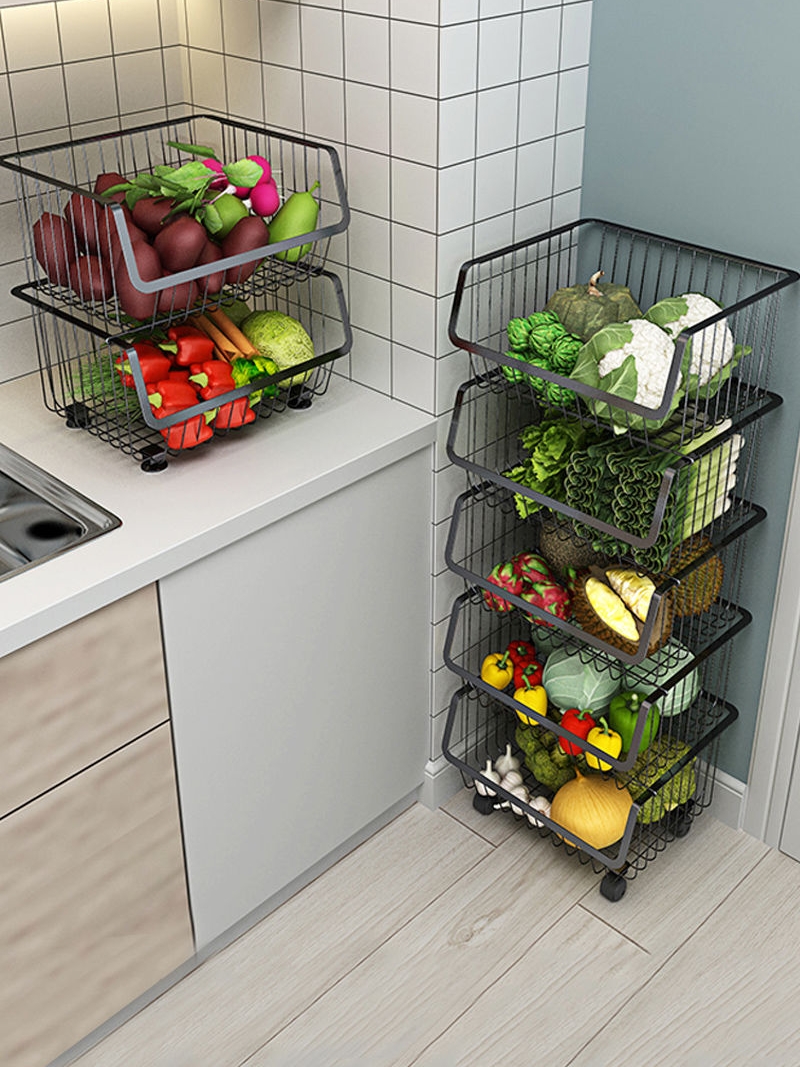 層數自選多功能廚房置物架落地式放菜架蔬菜籃架子移動推車收納架