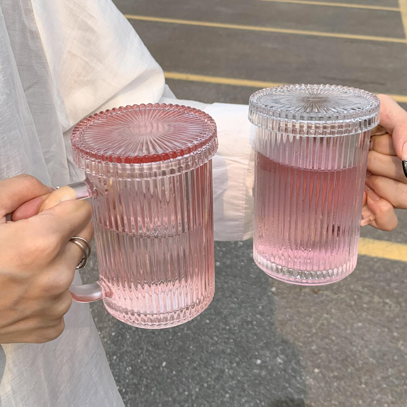 簡約北歐風豎條紋玻璃馬克杯帶蓋帶把手適合商用含單個蓋子