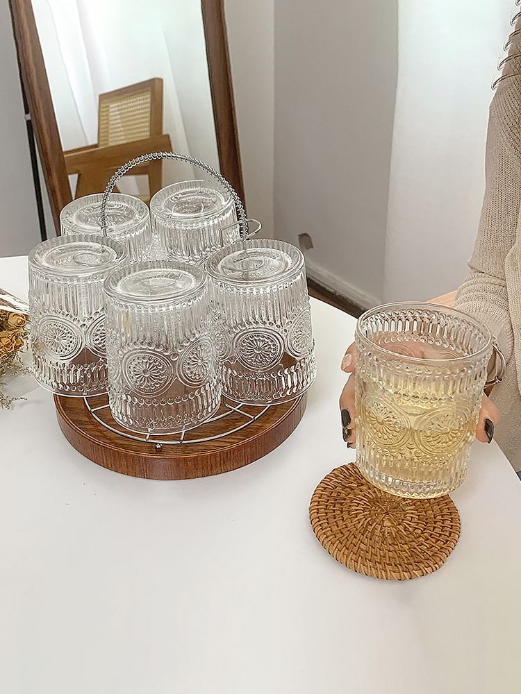 北歐風格小清新太陽花玻璃杯套裝高顏值家庭用商用待客廳復古浮雕喝水杯