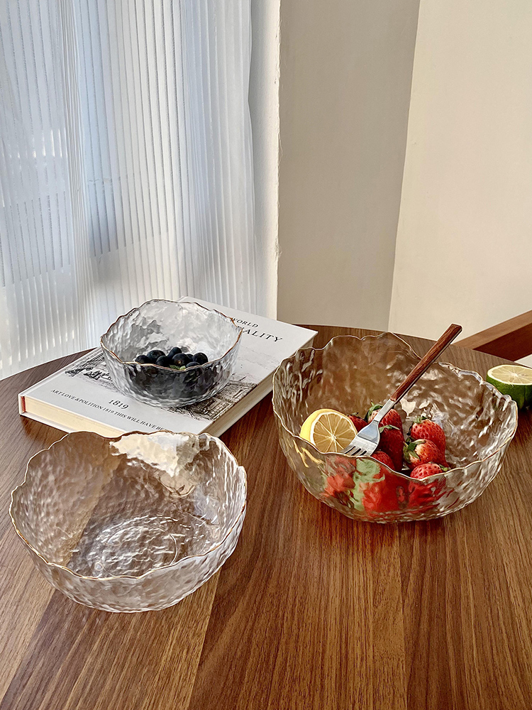 透明玻璃碗 金色鑲邊 日式風格 圓形水果沙拉碗 8英寸