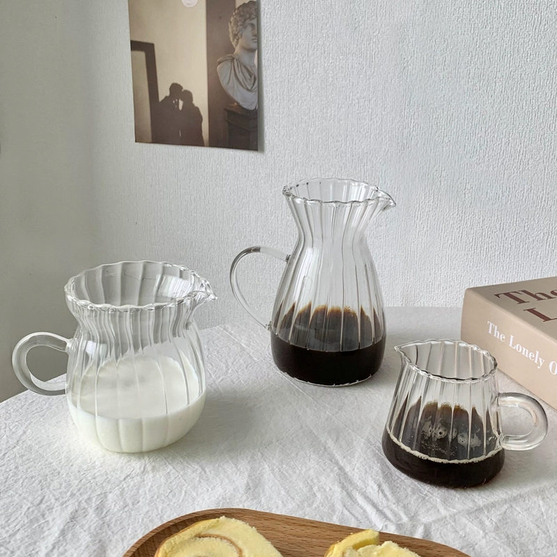 韓式ins風條紋玻璃小奶盅濃縮咖啡牛奶壺刻度量杯咖啡加奶杯子 (3.6折)