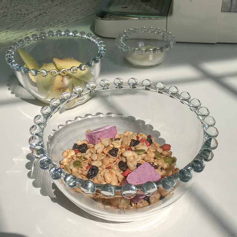 ins珍珠邊早餐碗麥片酸嬭玻璃甜品碗水果沙拉碗餐磐飾品收納磐