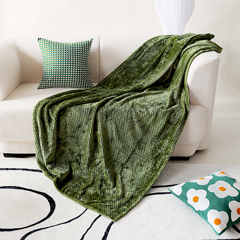 日式床尾毯 綠色 輕奢沙發巾 簡約床巾純色 毛絨毯 絨毯