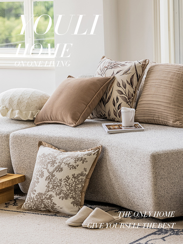 棕色軟綿客廳沙發抱枕套法式簡約風格米色中型靠枕高級床頭靠墊