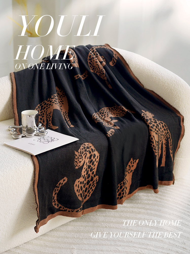 輕奢風舒適針織毯 午睡毯沙發蓋毯 復古獵豹圖案 毛毯毯子
