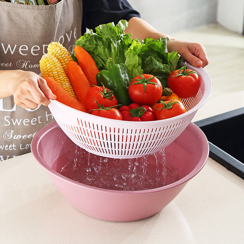 多功能收納雙層瀝水籃 廚房洗菜筐 帶蓋水果蔬菜瀝水盤