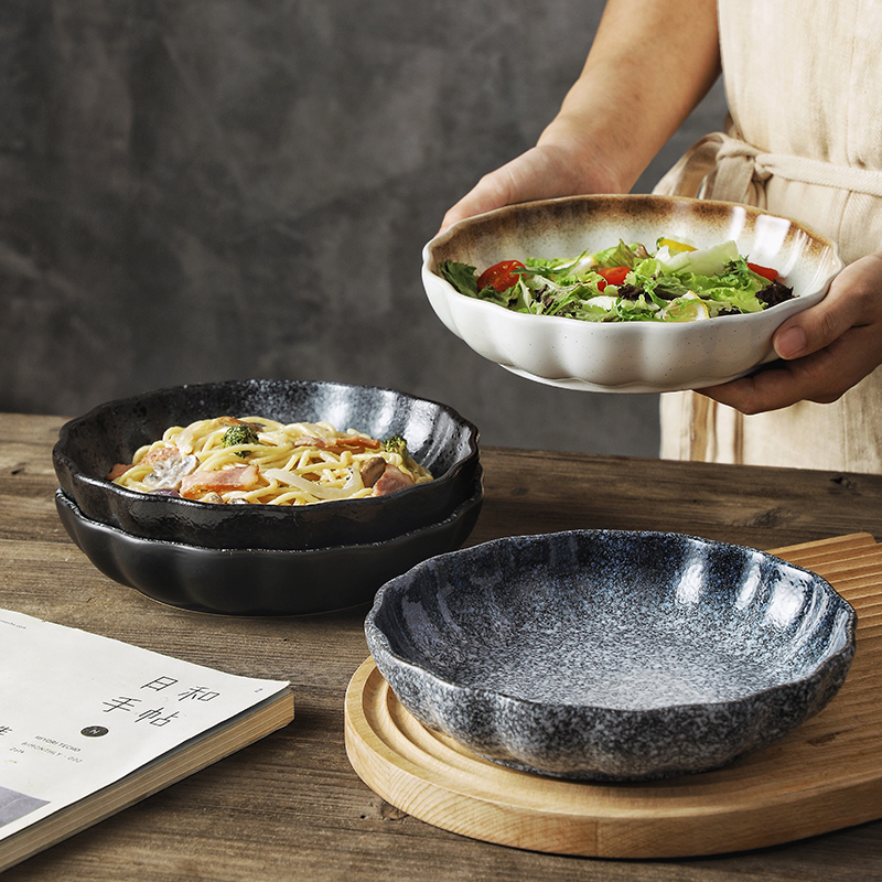 日式風格瓷質飯盤 8英寸花邊深盤 家用簡約早餐盤