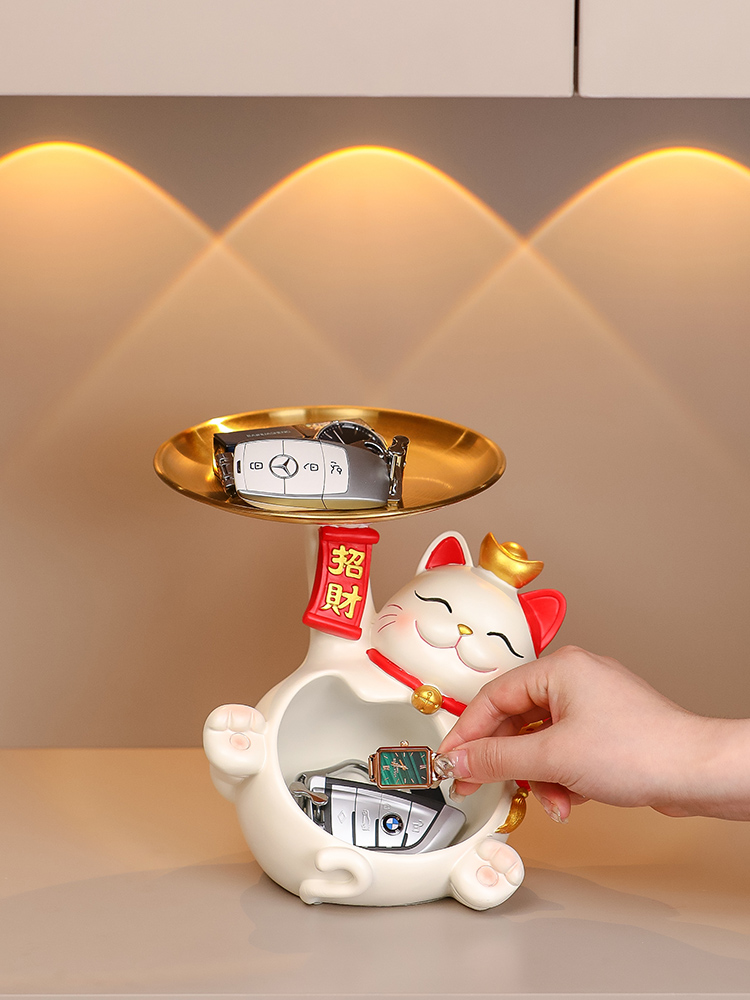 新中式樹脂擺件 客廳電視櫃創意招財貓鑰匙收納盒