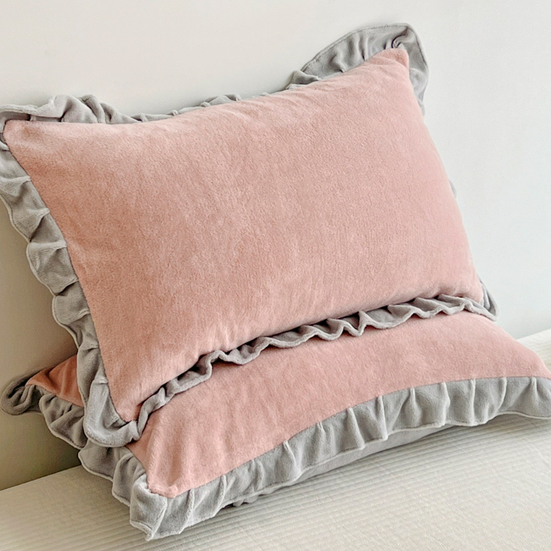 花邊牛奶絨枕頭套一對裝加厚珊瑚絨單雙人通用48x74cm