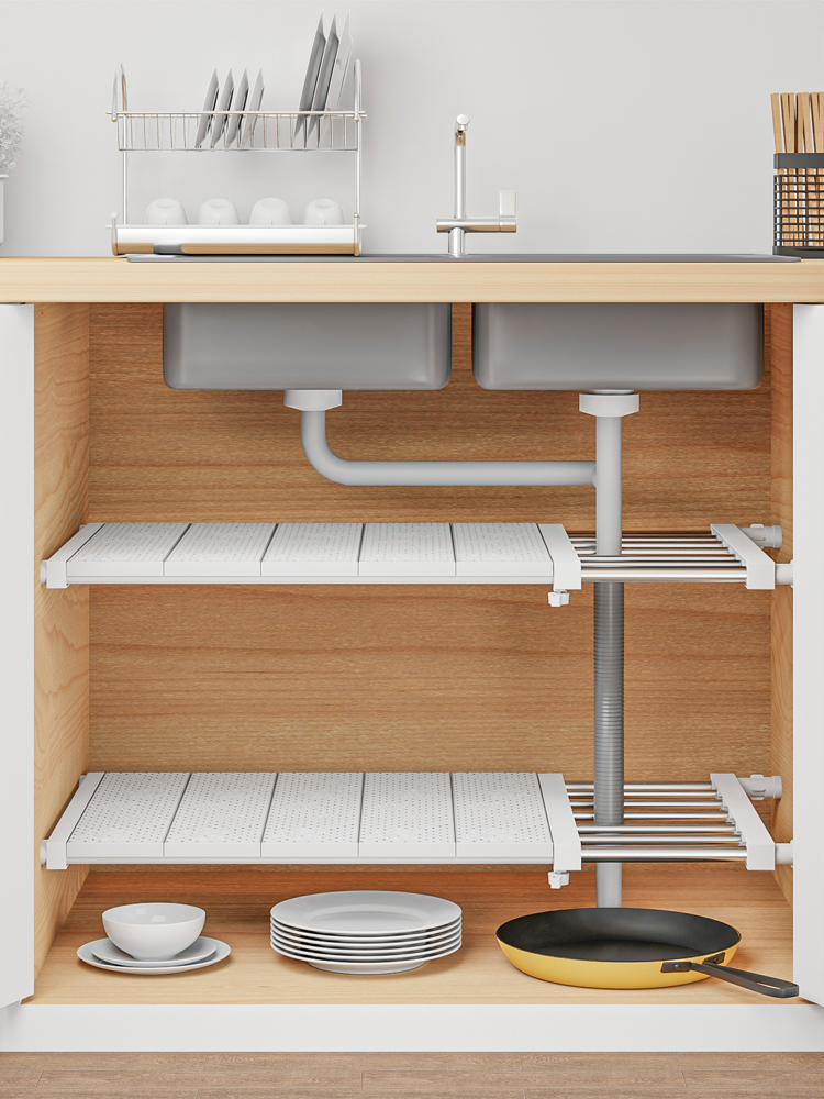 廚房可伸縮下水槽置物架 簡約風格收納架 多功能鍋架層架