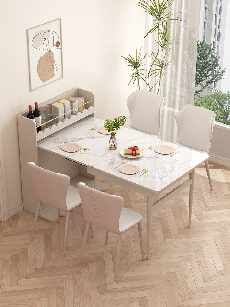 法式奶油餐桌 雲朵紋理 巖板材質 家用可摺疊餐桌椅組合 四人餐桌 簡易安裝 客廳餐廳 餐桌椅套裝