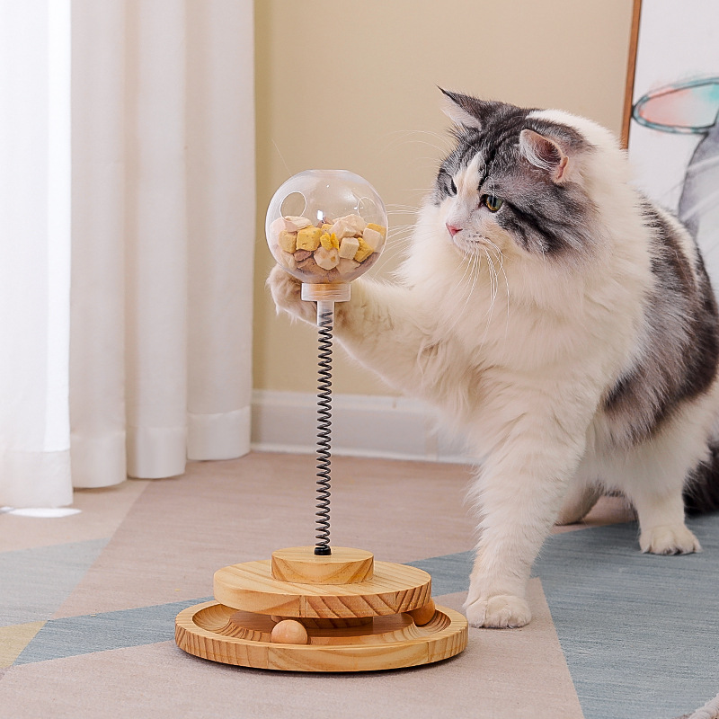 實木轉盤貓玩具寵物食具 新款益智不倒翁漏食球 逗貓棒