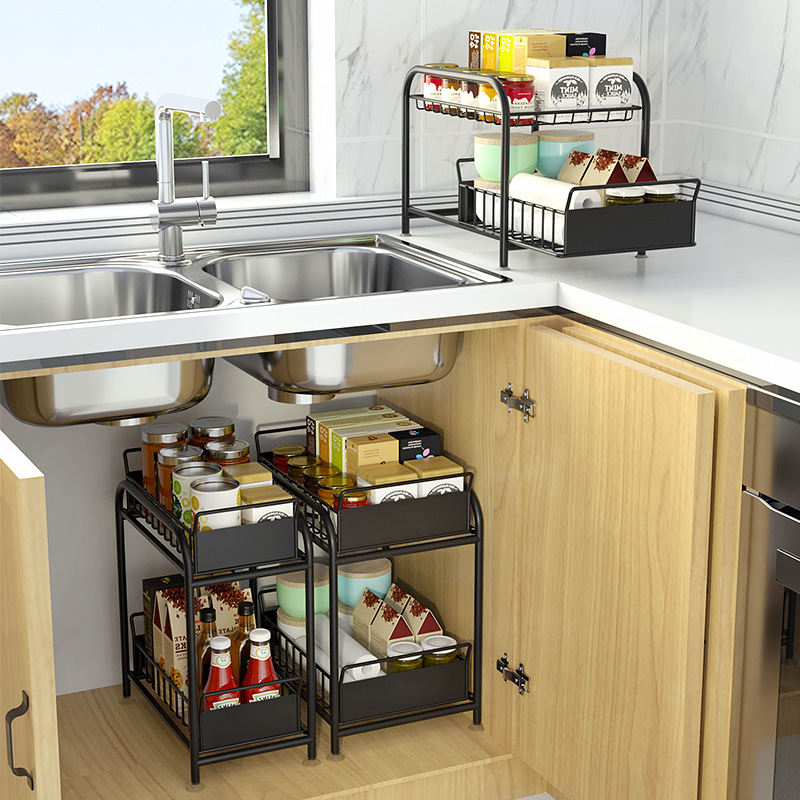 廚房水槽下置物架抽拉2層免安裝簡約收納置地衛生間