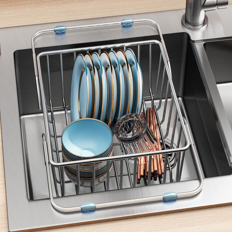 不鏽鋼伸縮瀝水籃廚房水槽置物架防鏽免打孔洗碗洗菜盆收納架