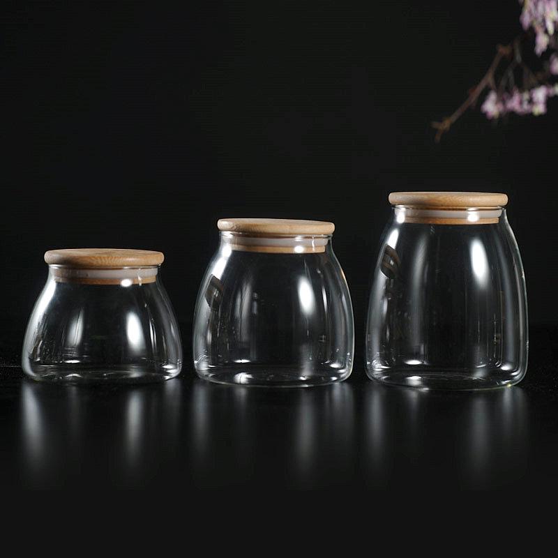 復古日式玻璃茶葉罐密閉儲物罐木蓋廚房收納瓶