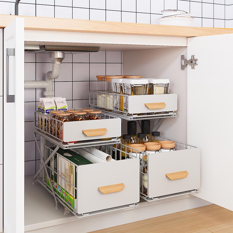 廚房水槽置物架 抽拉式雙層升降收納架 簡約風格