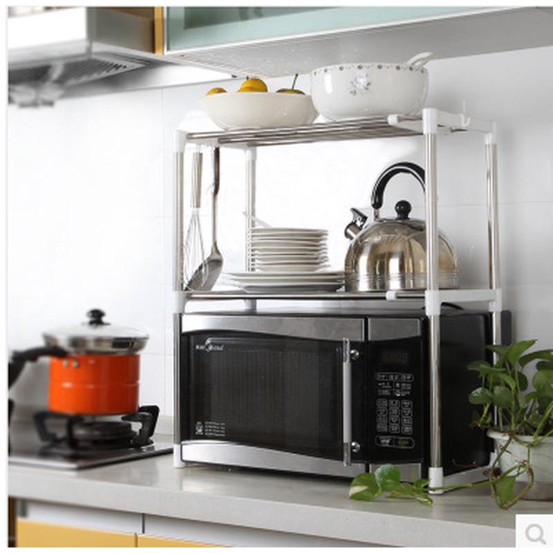 創意不鏽鋼廚房微波爐架烤箱可伸縮雙層置物器桌面收納