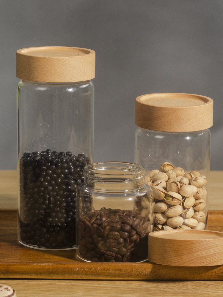 日式家用密封罐玻璃瓶木蓋茶葉罐五穀雜糧堅果儲物罐
