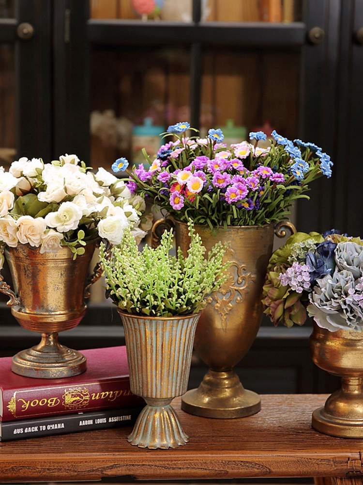 歐式古典高腳玻璃花器 復古金色做舊鐵藝花瓶花甕裝飾 (7折)