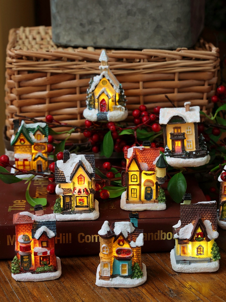 微景觀雪景聖誕節裝飾擺件創意樹脂桌面擺件發光店鋪裝飾禮物擺件