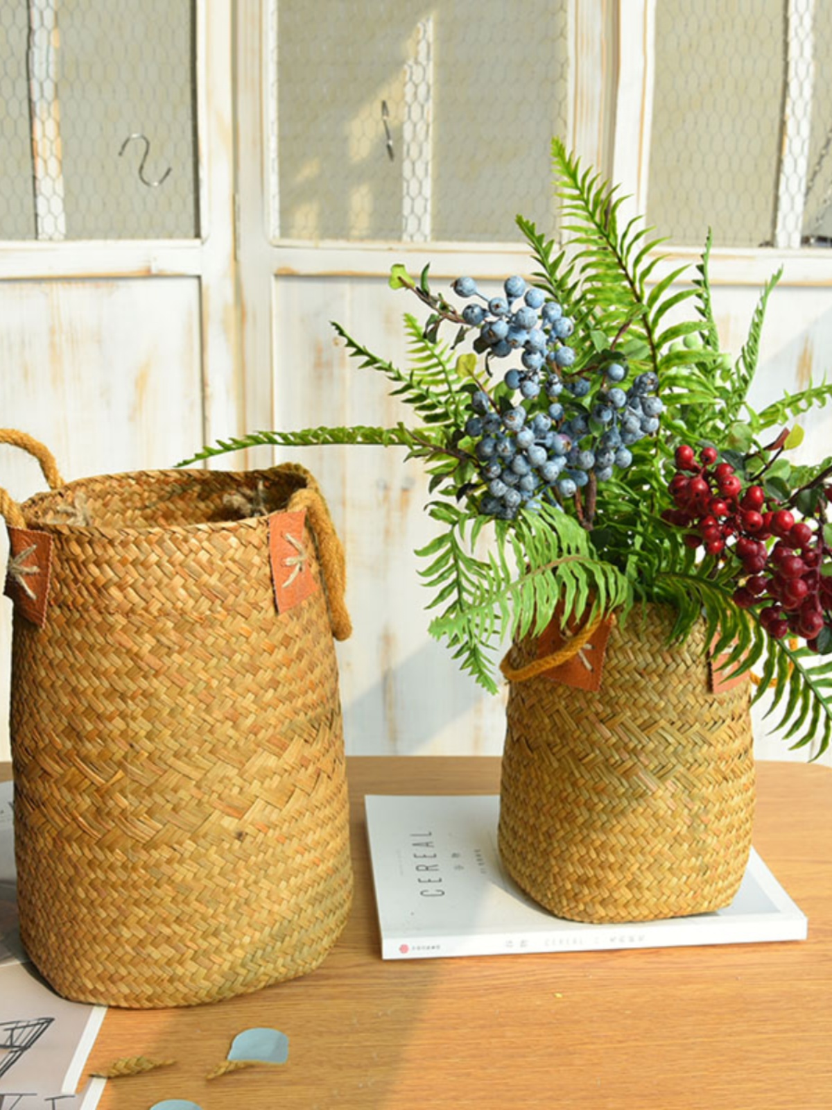 草編手提花籃自然風格花盆花桶麥穗乾燥花花瓶擺件