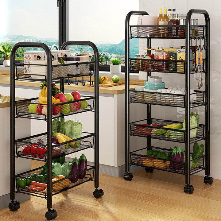簡約風格廚房置物架落地可移動多層床頭嬰兒小推車零食收納架蔬菜籃子