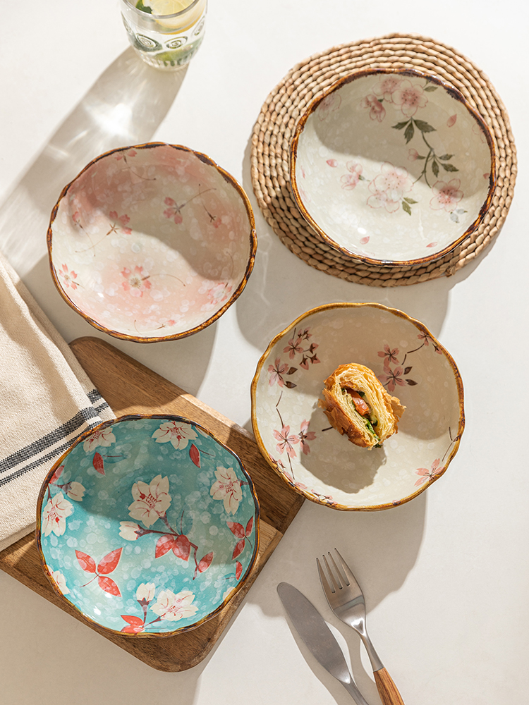 日式盤子瓷材質網紅餐具櫻花釉下彩平盤家用