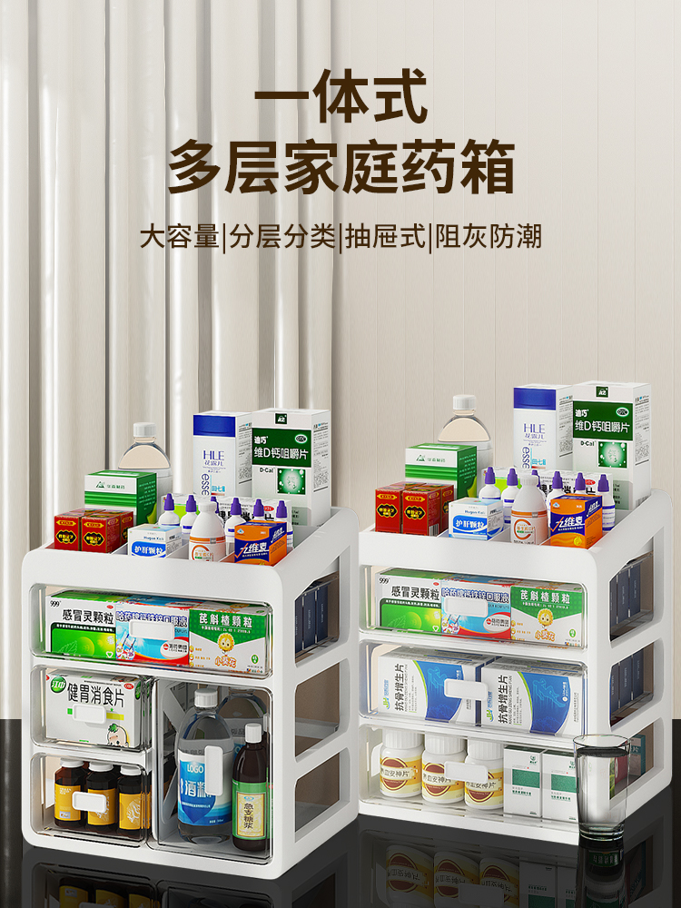 大容量家庭藥箱 分層藥物分類整理櫃 家用藥品收納盒抽屜式 升級高瓶款 山茶花白 4層 (2.6折)