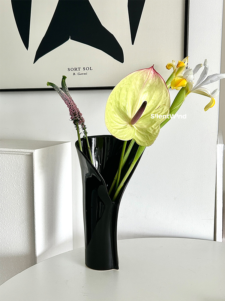 簡約時尚 赫本黑香草白 大口徑陶瓷水培花瓶 居家擺飾