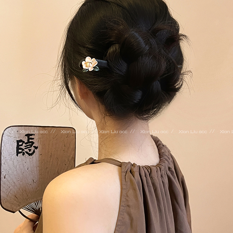 新中式山茶花朵髮簪頭飾 黑檀木民族風髮飾 (8.3折)