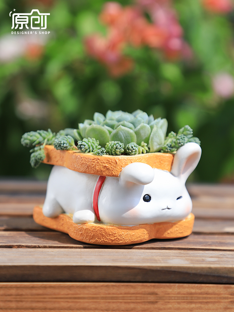 創意可愛動物花盆 兔咪造型 桌面裝飾 收納多肉植物花器