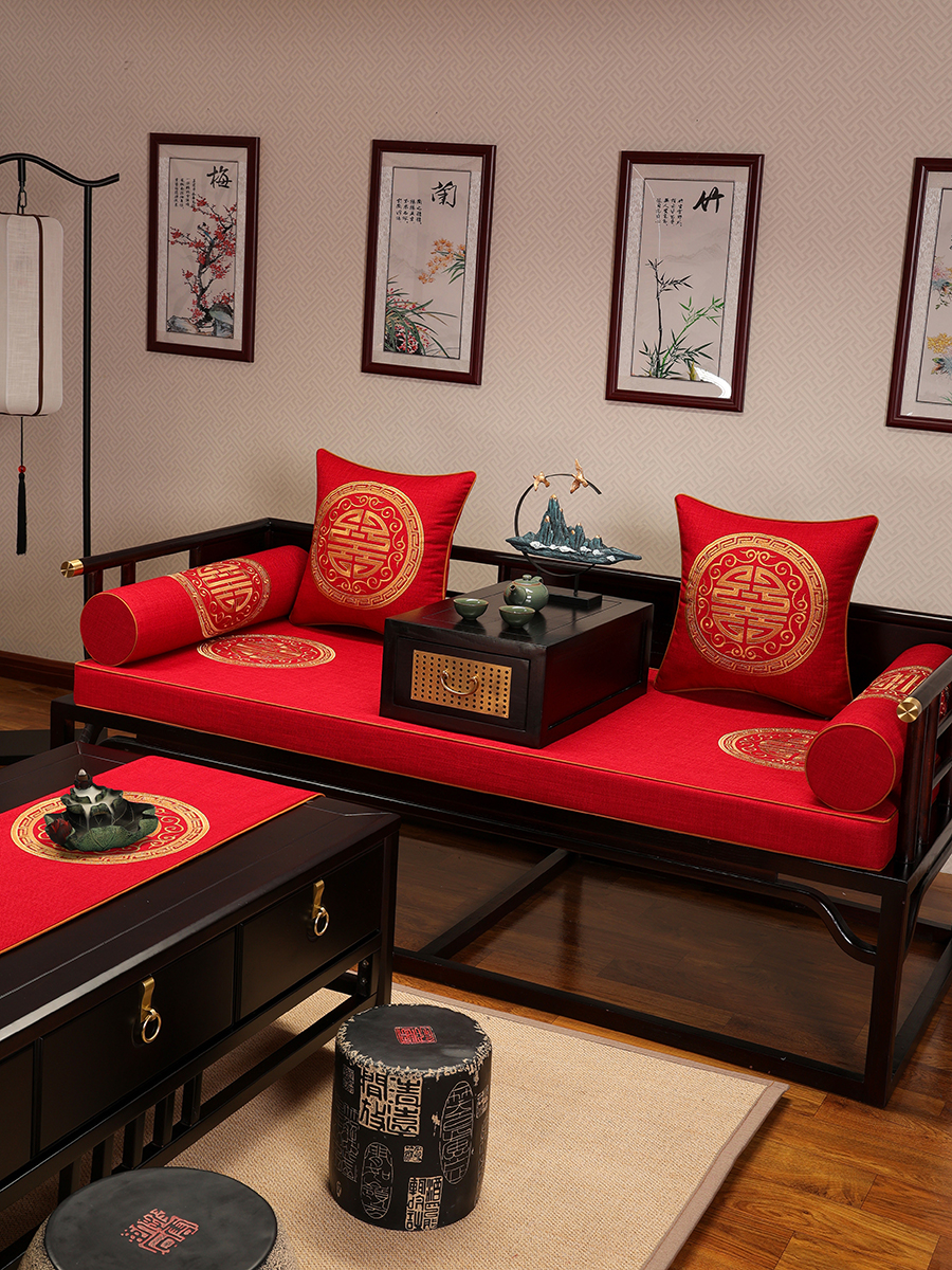 新中式紅木沙發墊防滑布藝四季通用加厚乳膠坐墊