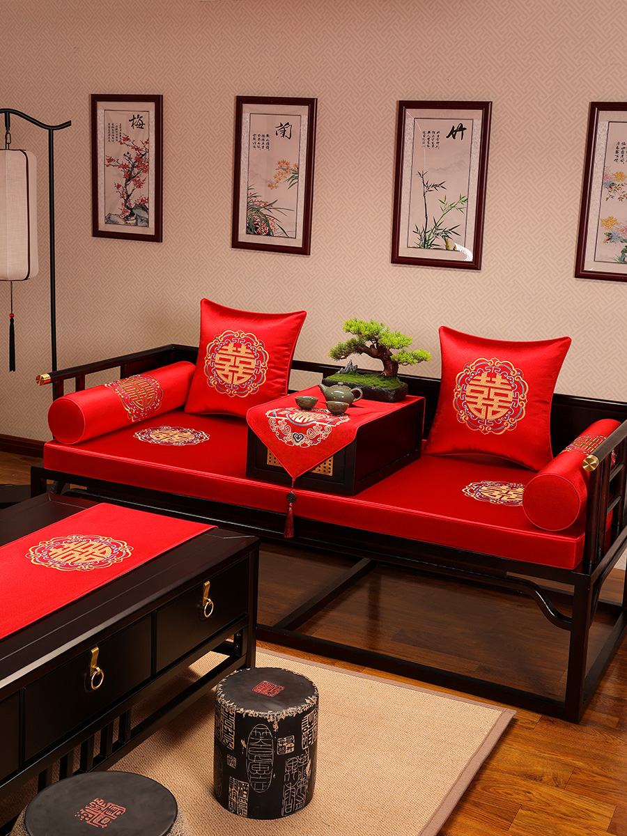 新中式紅木沙發墊喜慶婚慶座椅墊防滑紅色結婚椅墊實木椅墊 (5.3折)