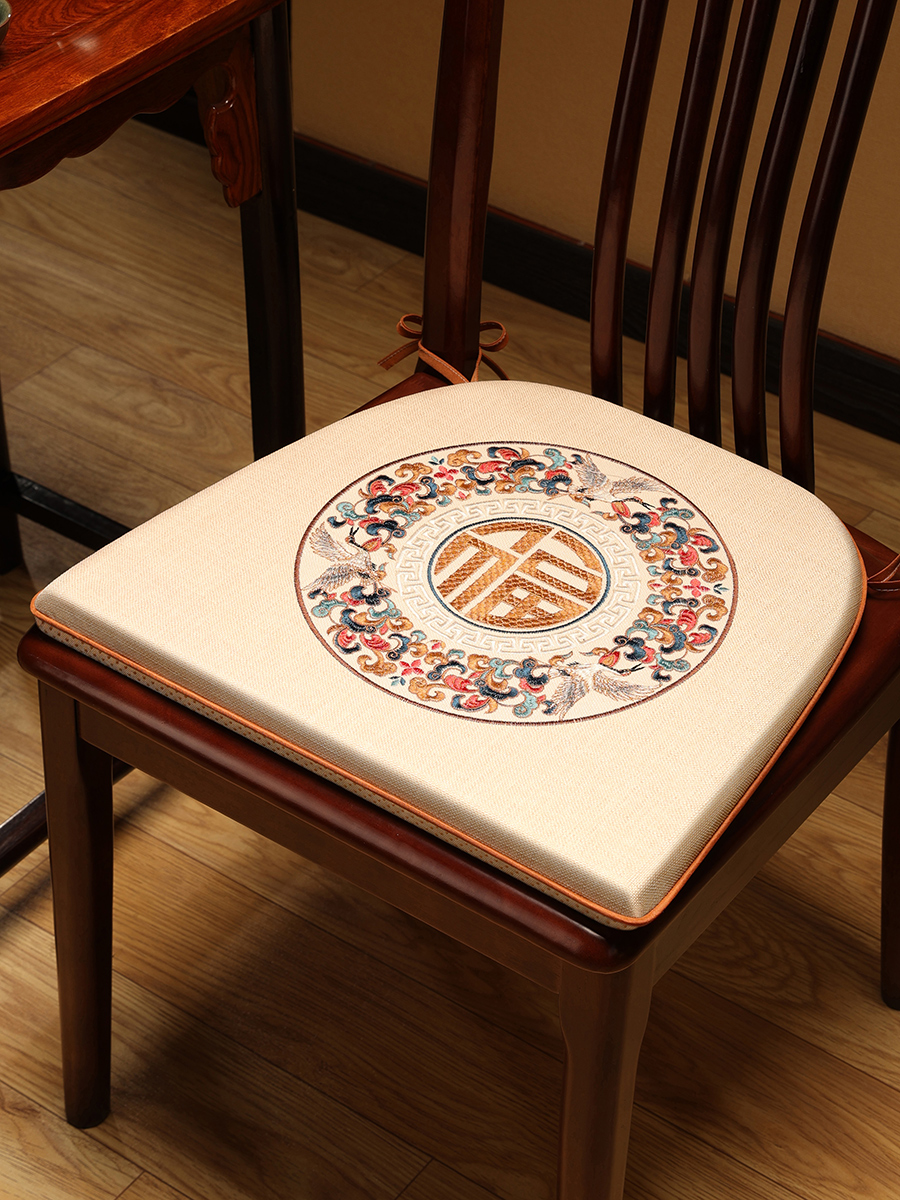 新中式軟墊餐椅墊木凳坐墊幾何圖案鶴舞齊福馬蹄型墊
