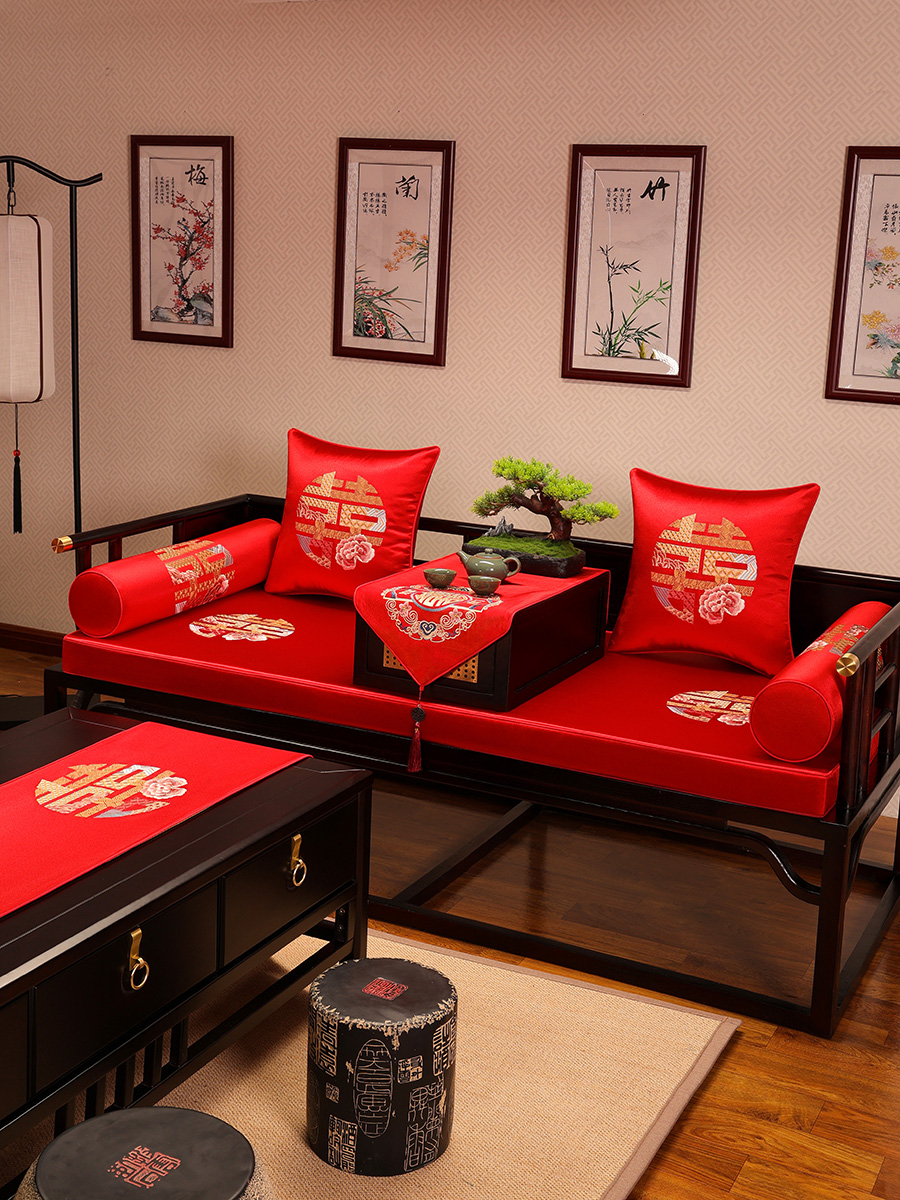 新中式喜慶結婚坐墊客廳沙發墊紅木防滑坐墊椅墊子抱枕腰枕