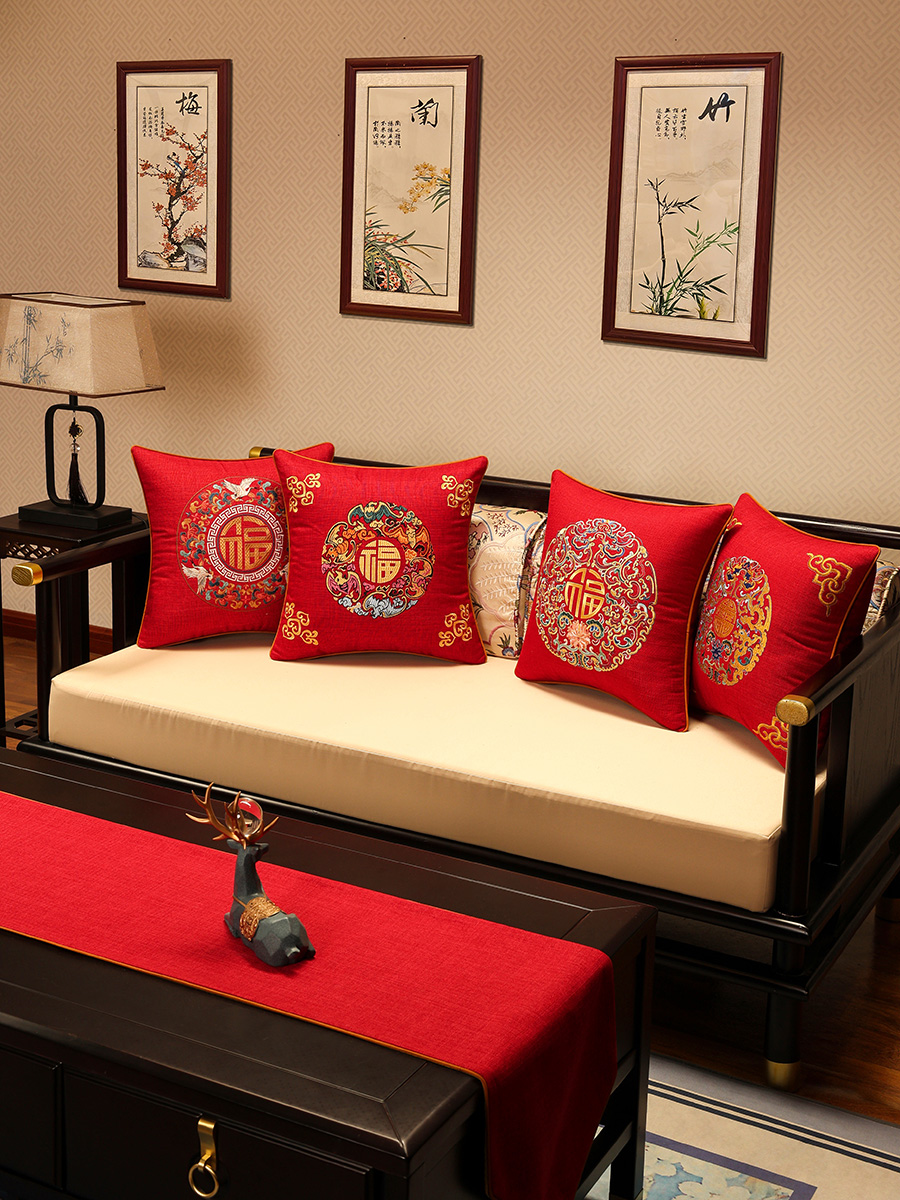 新中式抱枕古典紅木沙發靠背床頭靠包靠紅色喜慶腰枕中國風靠墊枕