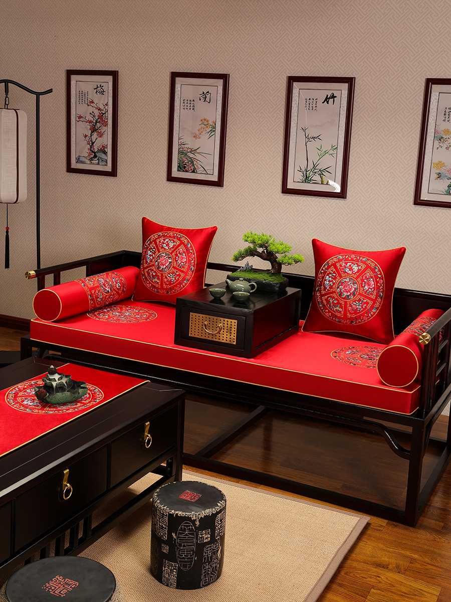 中式紅木沙發墊防滑布藝椅墊四季通用加厚海綿坐墊墊子