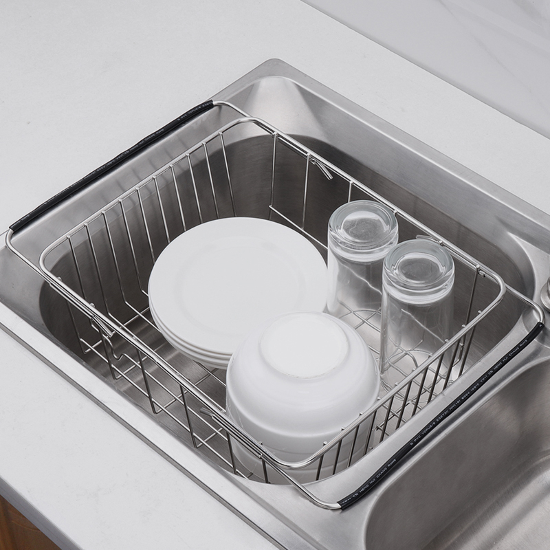 不鏽鋼水槽瀝水碗架可伸縮廚房瀝水籃免打孔置物架