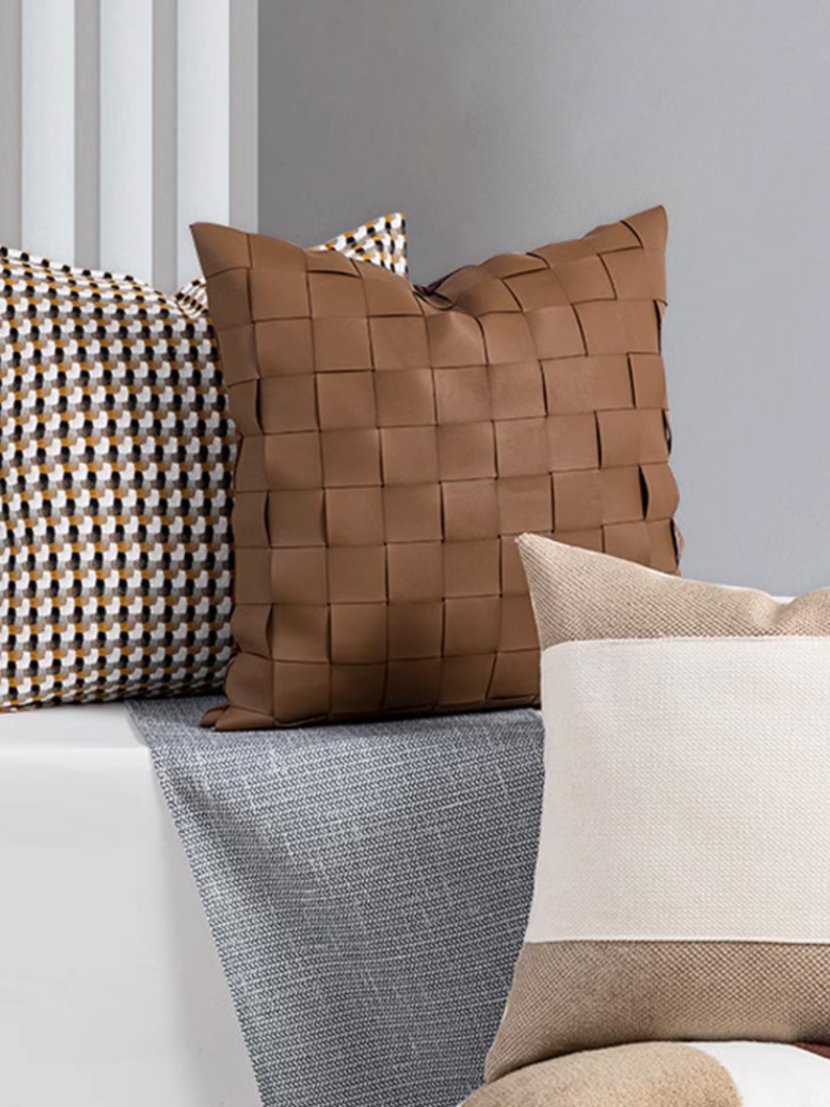 簡約現代風pu皮抱枕 沙發客廳北歐編織靠墊