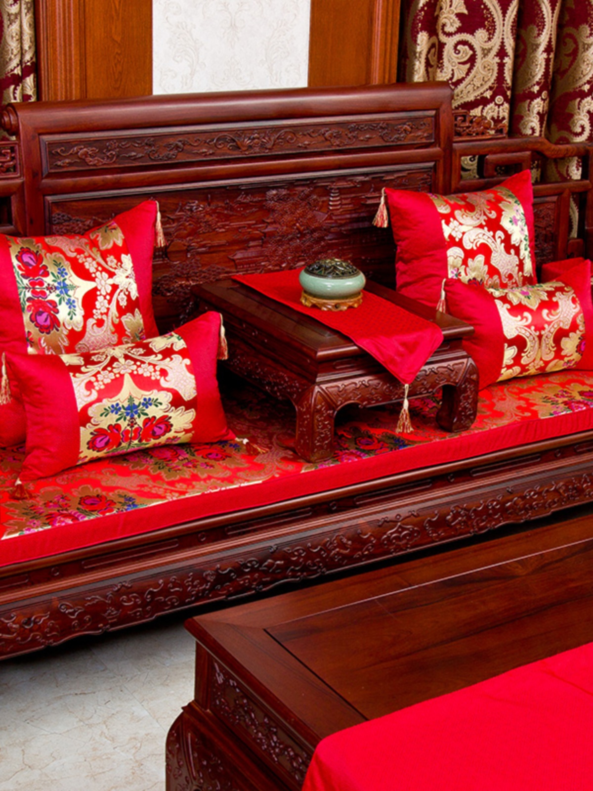 祥雲紅谷新古典中式紅木沙發坐墊婚慶綢緞沙發墊