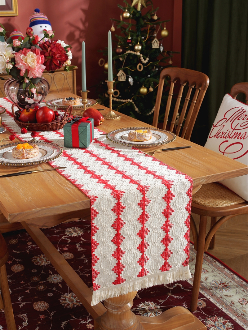 複古美式紅色方塊幾何桌旗棉麻編織流囌聖誕節隔熱餐墊拍照背景佈 (8.3折)